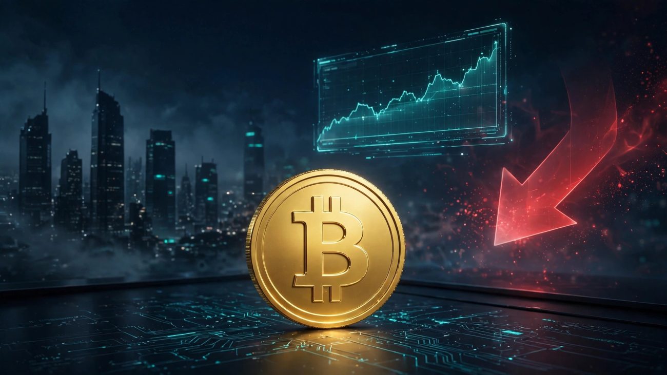 比特幣金幣與企業大樓剪影示意圖